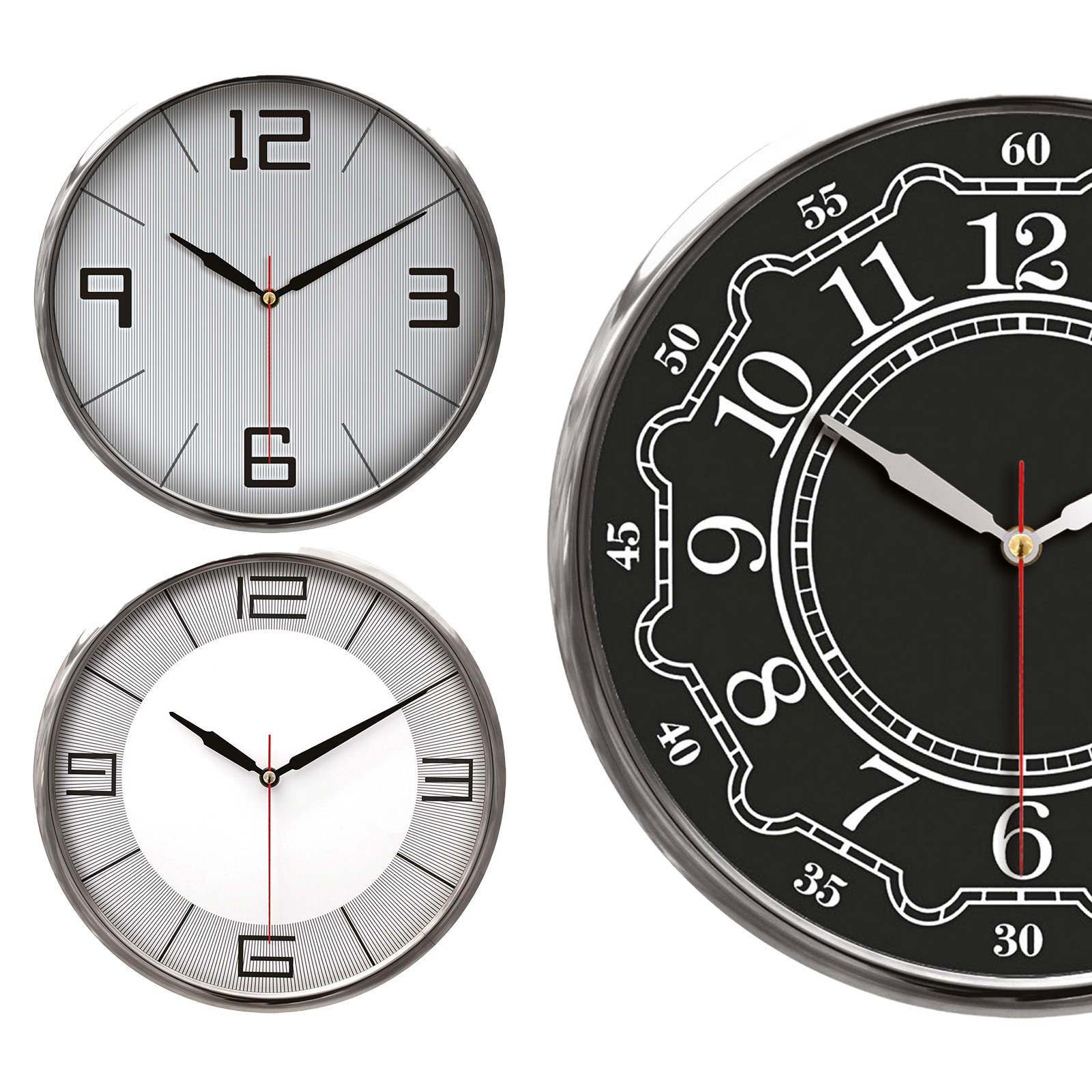 THOR707 SİYAH-GÜMÜŞ METAL ÇERÇEVE DUVAR SAATİ (320MM)